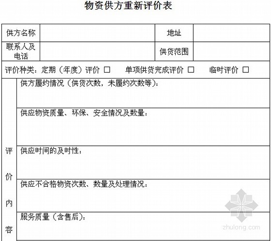 工程物资分析表资料下载-物资供方重新评价表