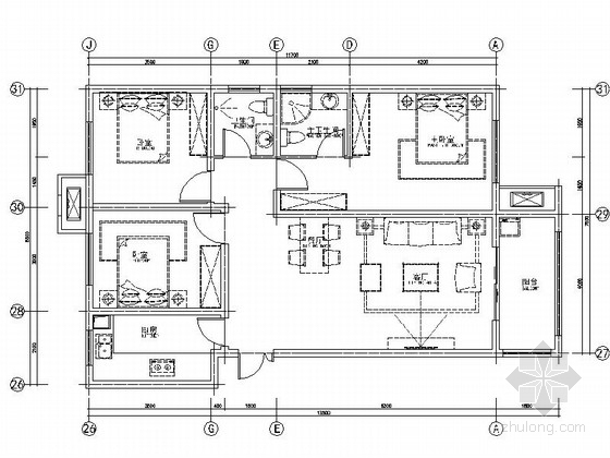 深圳两室装修资料下载-[深圳]精装现代简约3室2厅室内设计CAD施工图