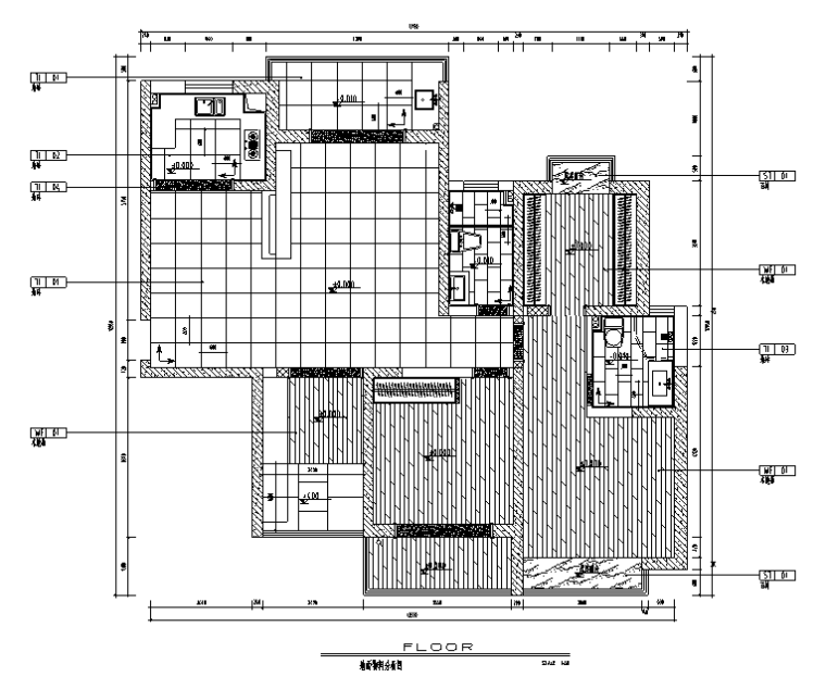 日式风格三居室住宅设计施工图（附效果图）-地面物料分布图