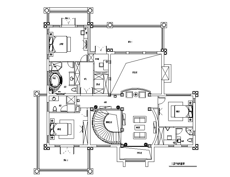 [上海]欧式古典宫廷500平米独栋别墅设计施工图（附效果图)-二层平面布置图
