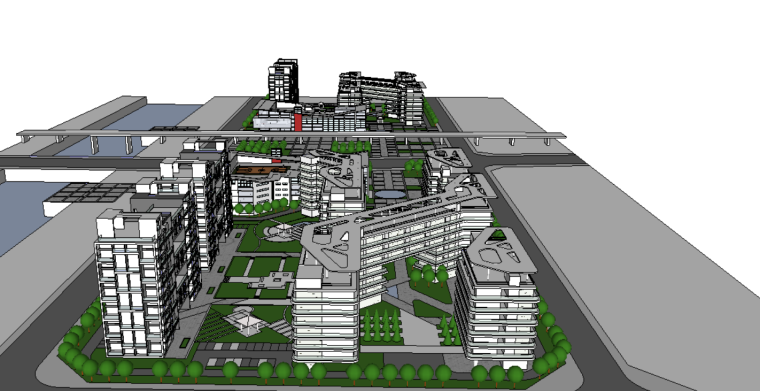 商业综合区总图cad资料下载-办公、居住综合区规划方案设计（SU模型）