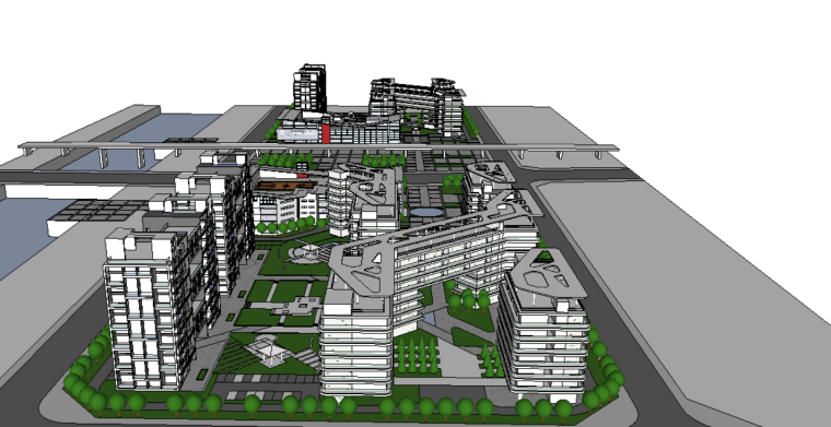 办公区SU景观资料下载-办公、居住综合区规划方案设计（SU模型）