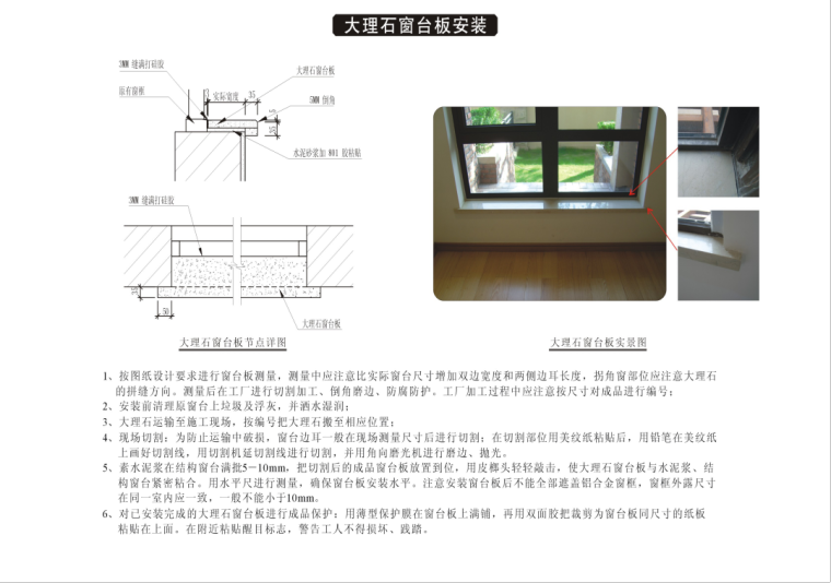 装修房工程工法节点大样大全（66页，图文详细）-大理石窗台板安装