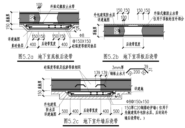 框架结构商业服务楼全套施工图(5大专业)-地下室后浇带做法