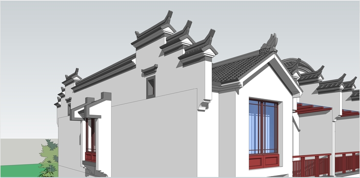 江南中式别墅住宅模型资料下载-中式风格徽派联排别墅住宅sketchup模型