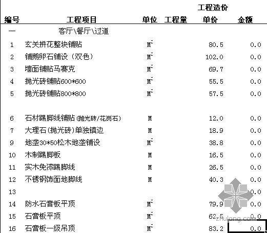 勘察设计报价模板资料下载-杭州某装饰公司预算报价模板（单价）