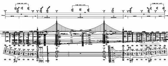 [浙江]创金杯奖跨海域群桩基础双塔双索面组合梁自锚式悬索桥工程项目策划书130页-全桥总体布置图 