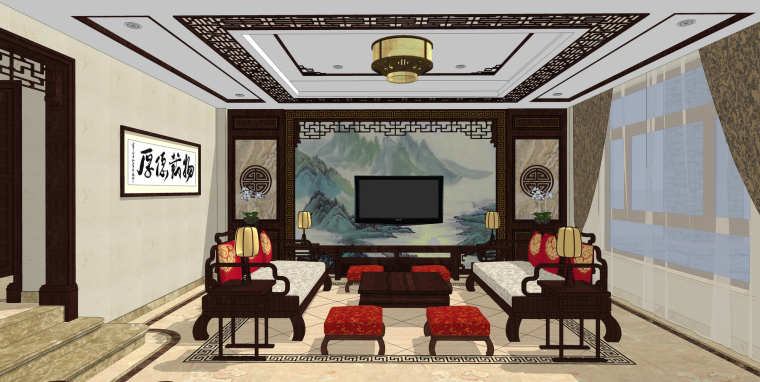 中式餐厅包间su模型资料下载-传统中式风格样板间客餐厅SU模型