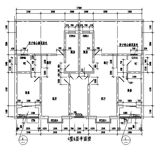 一梯两户6层建筑平面图资料下载-一梯两户户型4型6层