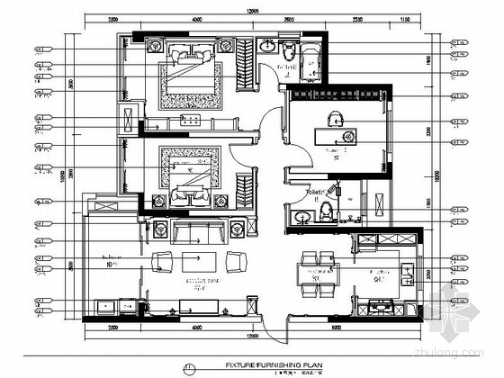 两室一厅电气施工图资料下载-[江苏]115㎡法式新古典两室一厅装修CAD施工图（含效果图）