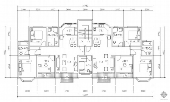 120三户多层住宅户型资料下载-多层一梯二户户型图(110/120)