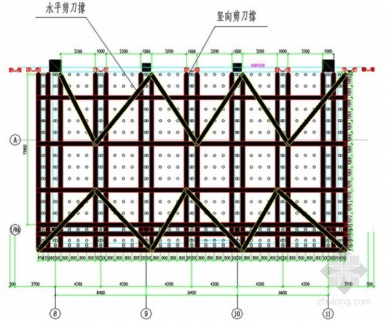 [湖南]大屋面结构综合楼高大模板专项施工方案（附图丰富）-雨篷梁剪刀撑布置图 