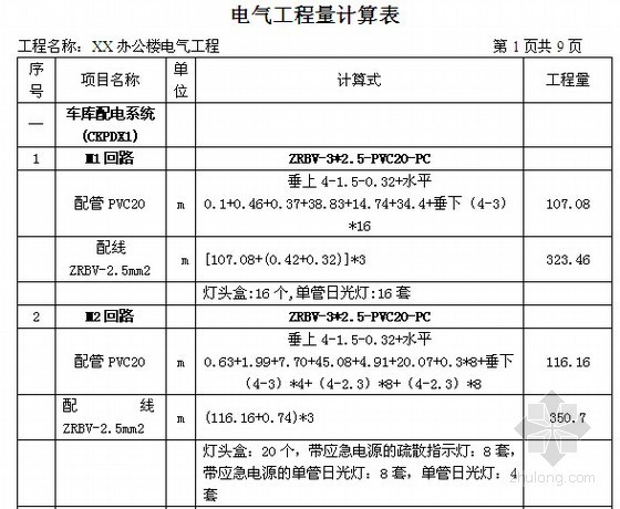 [四川]办公楼电气工程量计算书及投标投价书（全套报表）-电气工程量计算表 