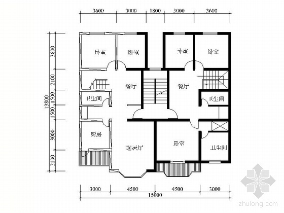 60平米复式户型图资料下载-复式一梯两户四室二厅户型图(186/181)