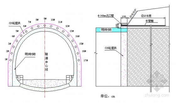 [西藏]时速160公里I级铁路工程总承包施工组织设计291页（路桥隧轨道临建）-洞口管棚支护示意图 