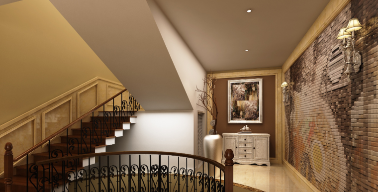 欧式风格住宅别墅设计施工图（附效果图+软装配置）-楼梯口