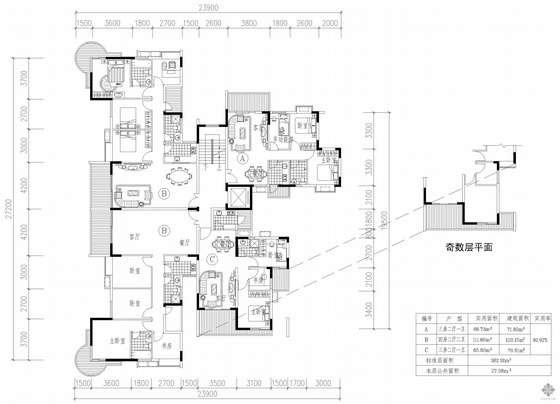 高层两梯四户户型图资料下载-塔式高层一梯四户户型图(72/120/120/71)