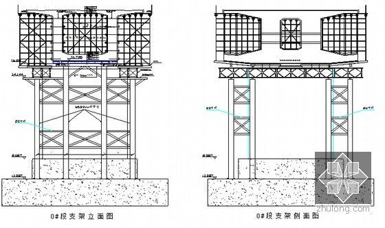 [浙江]32km双线客运专线铁路工程实施性施工组织设计170页（梁桥复合衬砌隧道路轨）-0#段梁柱式支架结构图