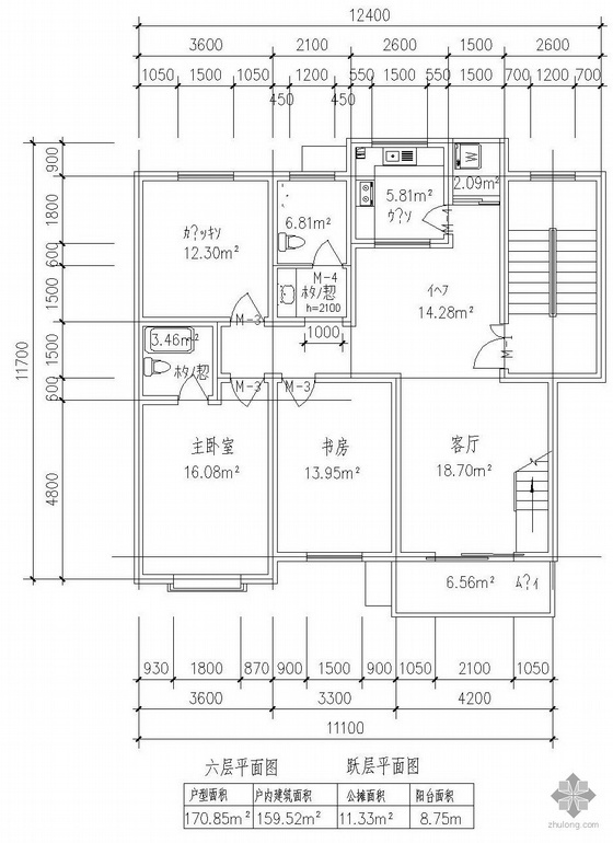 一梯二户住宅区五层楼资料下载-板式多层一梯二户有跃层户型图(171/171)