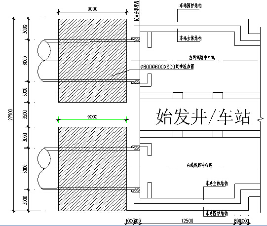 明挖法地下两层框架结构车站盾构法区间轨道交通工程实施性施工组织设计168页（附CAD图）-始发井加固平面及剖面图