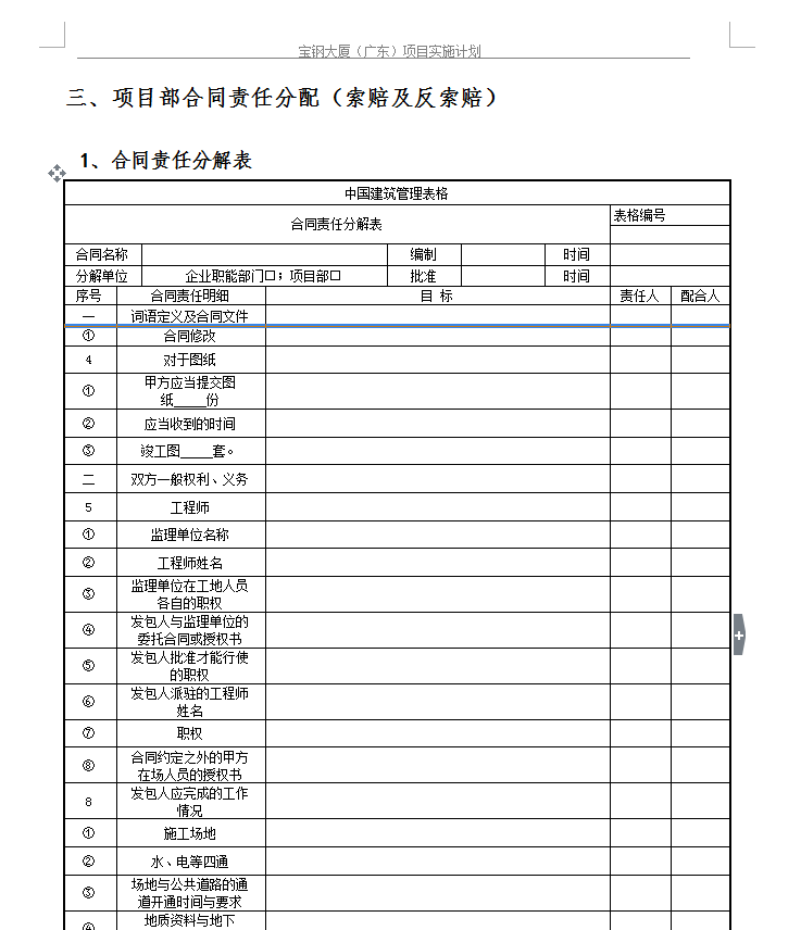 建筑工程项目实施计划书--宝钢大厦广东项目-责任分配表