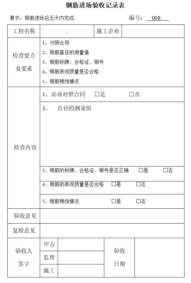 土建工程监理质量验收表格（99页）-钢筋进场验收记录表