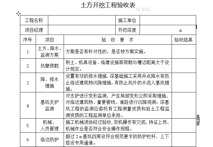 土方开挖资质资料下载-[工程验收]土方开挖工程验收表