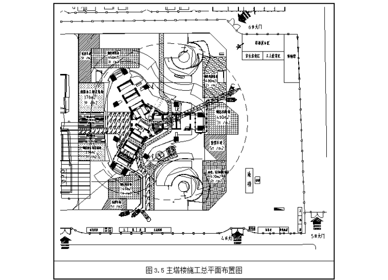 [武汉绿地中心项目]主楼地上F1-F120外框钢柱和钢梁施工方案（共221页，图文详细）-主塔楼施工总平面布置图
