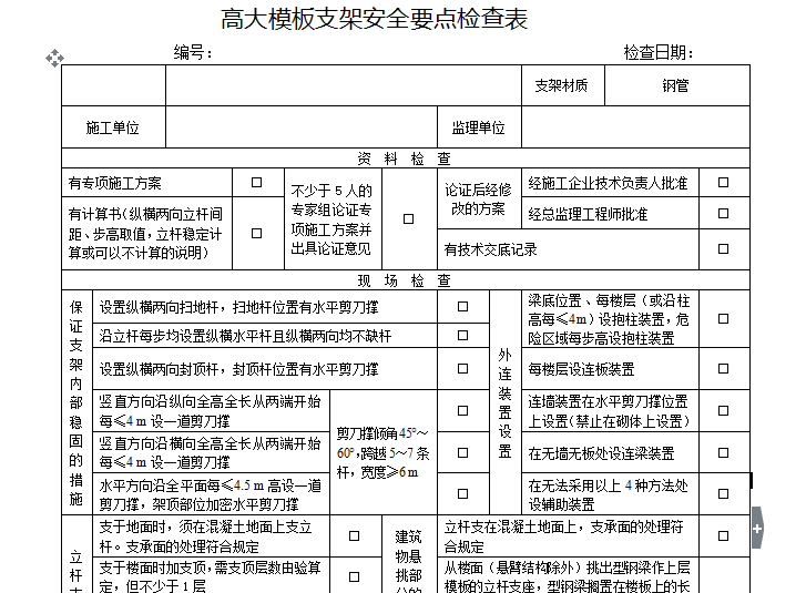 场地安全检查表资料下载-高大模板支架安全要点检查表