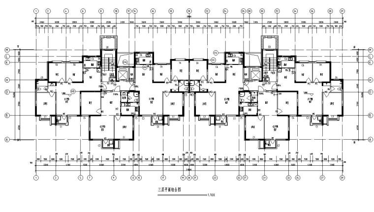 [宁夏]九层一梯三户塔式剪力墙住宅建筑施工图（含全专业图纸）-九层一梯三户塔式剪力墙结构住宅建筑平面图