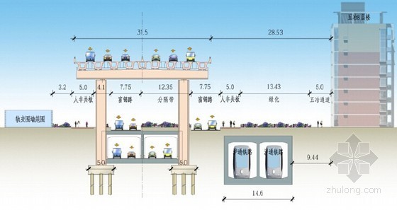 [上海]含高架立交及地道沿江通道越江隧道工程可行性研究报告及图纸321页-道路断面示意图