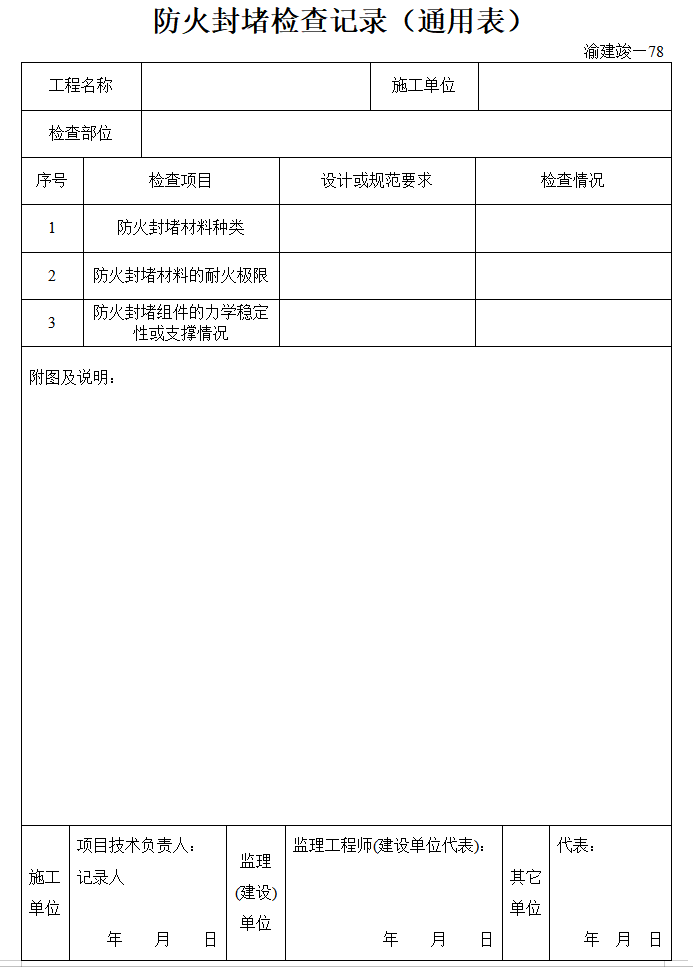 [重庆]房建工程监理竣工资料全套表格（84页）-防火封堵检查记录（通用表）