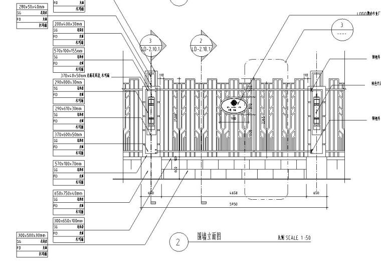 特色围墙设计详图（钢筋混凝土结构+砖砌结构+铁艺）-立面图