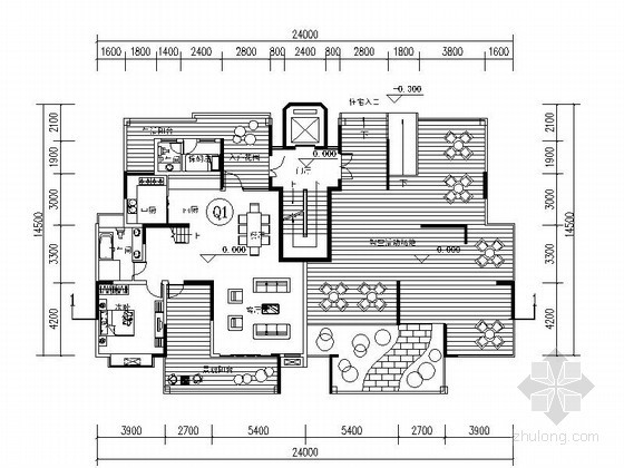 店面户型图平面cad资料下载-某七层错层花园洋房户型图(240/250平方米)