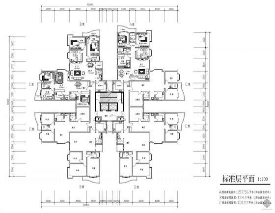 一梯八户户型资料下载-塔式高层一梯八户户型图(158/158/139/139/118/118/118/118)