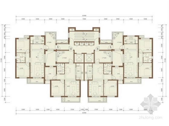 1000平米住宅效果图资料下载-[沈阳]某高层住宅一梯四户型平面图（91、94平方米）