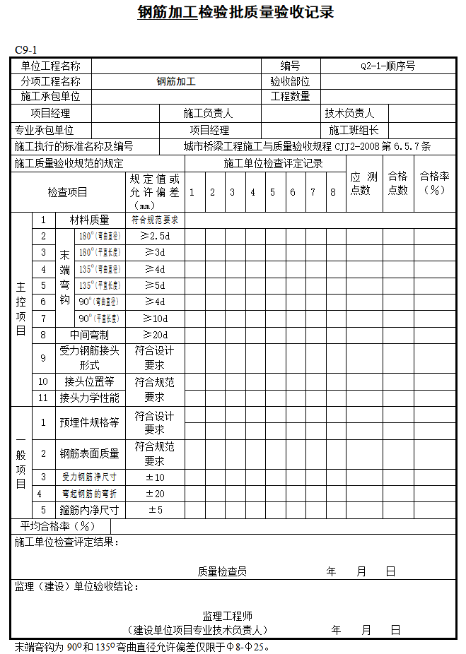 市政桥梁工程监理质量验收表格范本（133页）-钢筋加工检验批质量验收记录