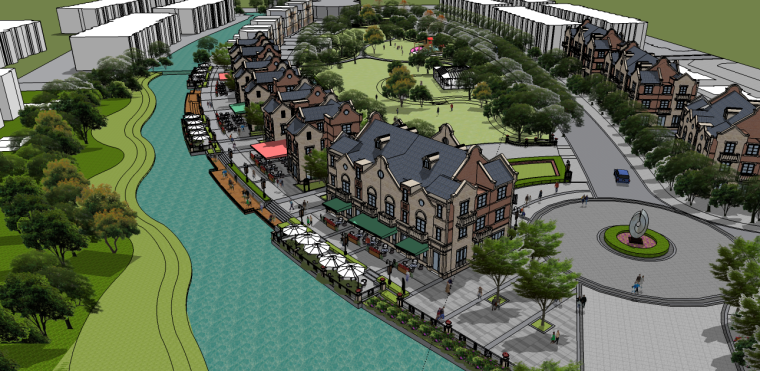 中式小镇建筑设计方案su资料下载-欧式小镇滨湖商业区景观su模型