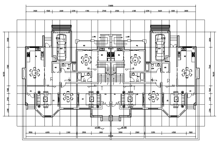 26套现代双拼自建房设计施工图-联排组合一层平面图