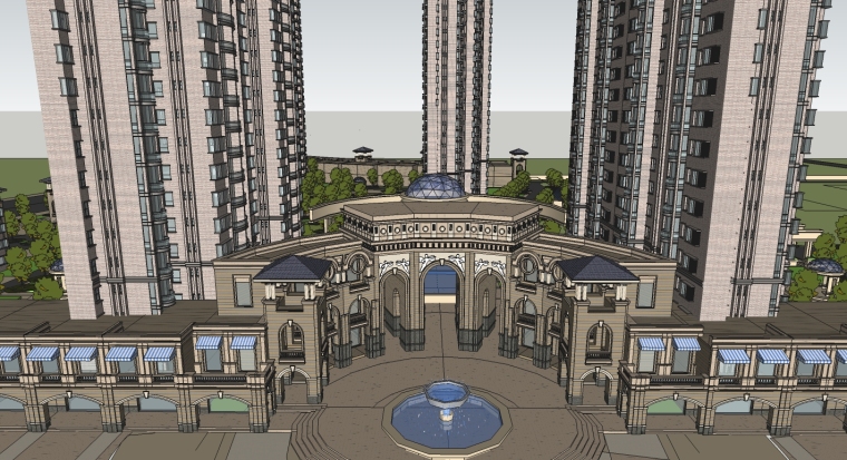 欧式小区大门cad图资料下载-欧式风格精美高层住宅小区规划SU精模型
