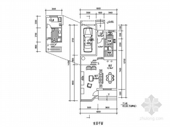 140平带车库三层别墅资料下载-某三层带车库联排别墅平面图（北入口、205平方米）