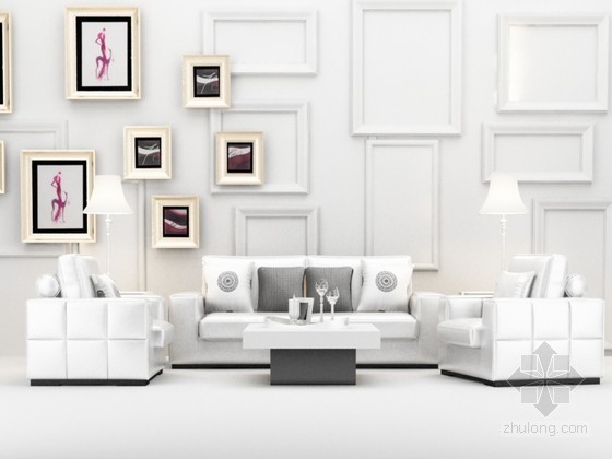 白色室内模型资料下载-白色沙发组合3D模型下载