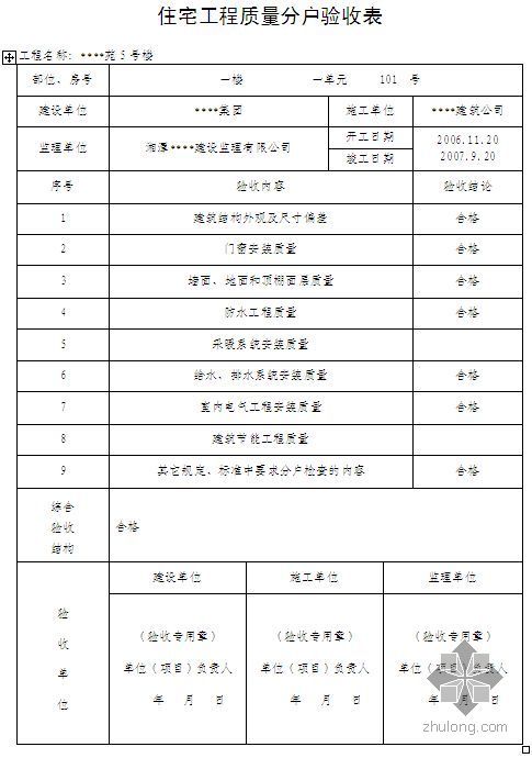 分户验收表填写资料下载-[湖南]某商住楼工程分户验收表格(填写实例)