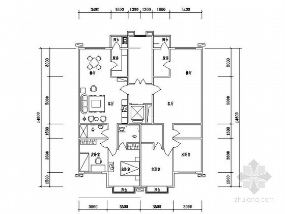 1000平方米平面图资料下载-某住宅区板式住宅户型平面图（97平方米）