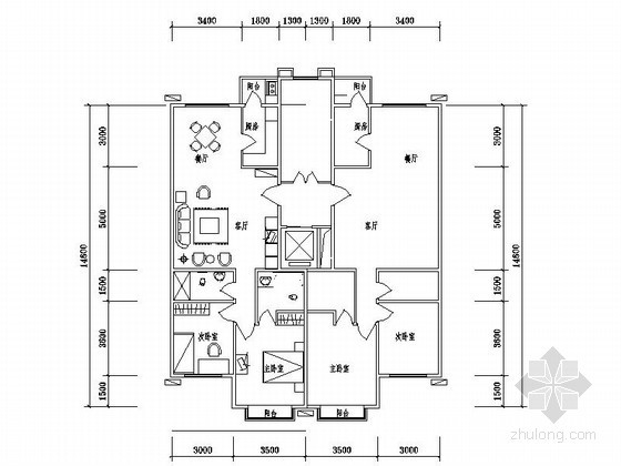 6米户型平面图资料下载-某住宅区板式住宅户型平面图（97平方米）