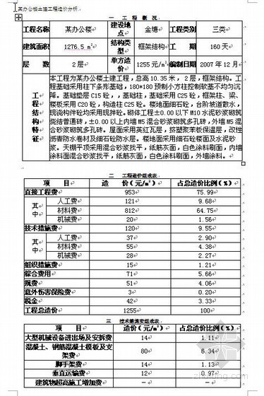 办公楼土建工程检测方案资料下载-浙江某办公楼土建工程造价分析（2007-12）