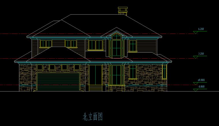 3层独栋别墅建筑方案设计（CAD）-北里立面图