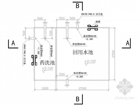[北京]中水回用处理工程全套图纸（中空纤维膜法）-回用水池平面图 