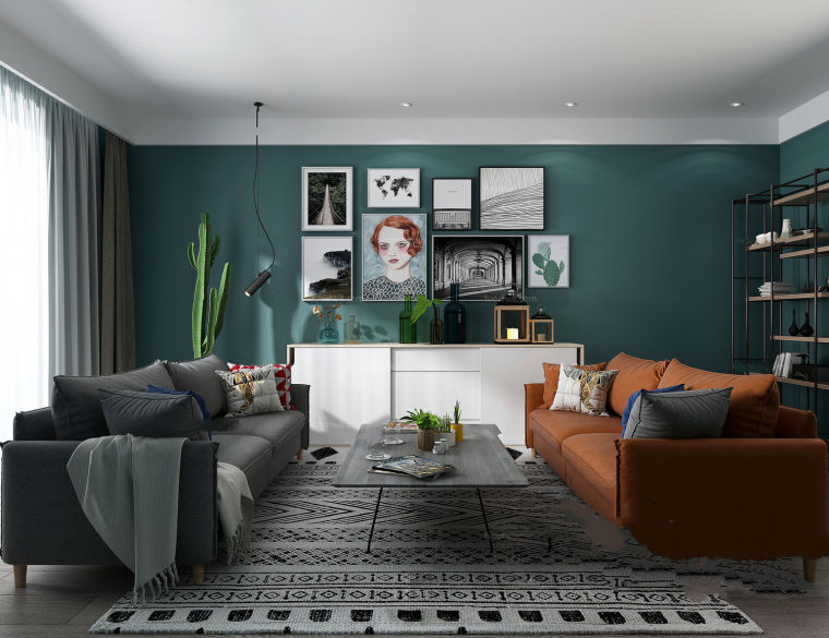 3d室内设计app资料下载-皮革橘拼色哑绿北欧风客厅