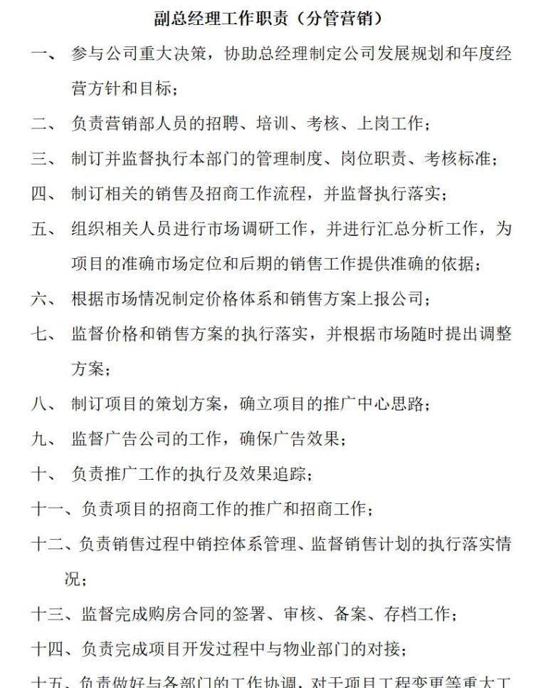 房地产开发有限公司各部门管理规章制度汇编（共119页）-副总经理工作职责（分管营销）